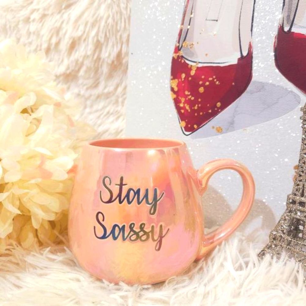 bebe STAY SASSY Fashionable PINK Iridescent Coffee Tea Mug NEW